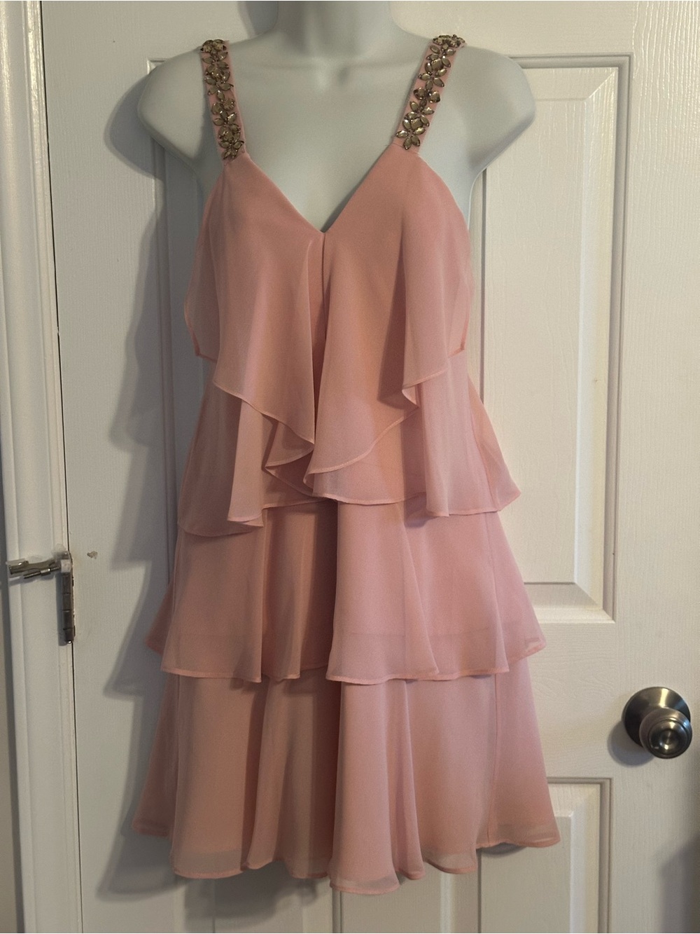 BCBGMaxAzria Blush Pink Tiered Chiffon Mini Dress with Jeweled Straps